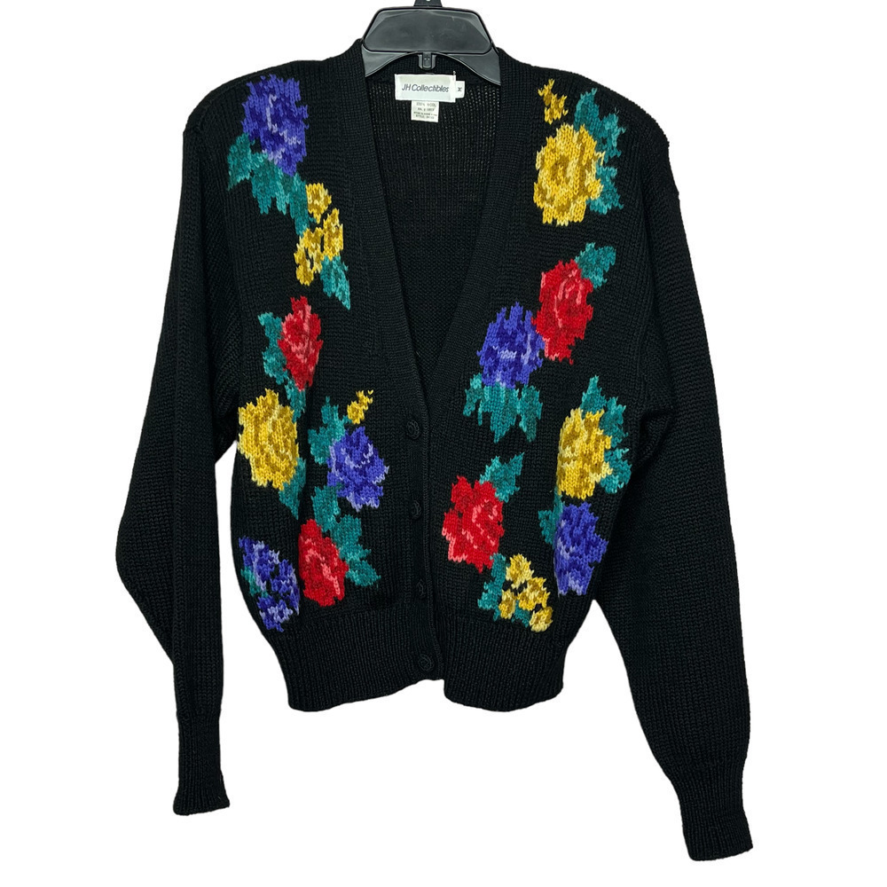 Vintage JH Collectibles 100% Wool Floral Button Down Cozy Cardigan Medium